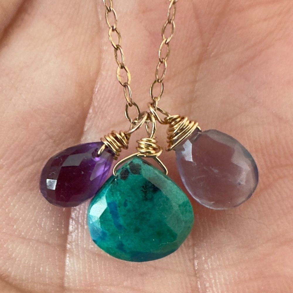 14K GF Gold Chain Necklace with Purple and Blue-Green Pendant Gemstones 16 - 18"